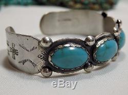 Fred Harvey Era NAVAJO Maisels BLUE GEM TURQUOISE Stamped STERLING Silver CUFF