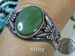 Fred Harvey Era NAVAJO Natural CERRILLOS TURQUOISE STERLING Silver 76g CUFF