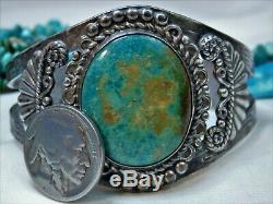 Fred Harvey Era NAVAJO Natural FOX Mine TURQUOISE STERLING Silver 51gm CUFF
