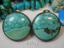 Fred Harvey Era NAVAJO Naturl CARICO LAKE TURQUOISE Coin SILVER Post EARRINGS