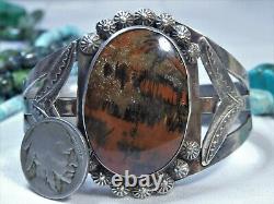 Fred Harvey Era NAVAJO Petrfied WOOD Stampd Coin SILVER 49gm CUFF 2wide face