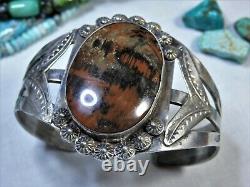 Fred Harvey Era NAVAJO Petrfied WOOD Stampd Coin SILVER 49gm CUFF 2wide face