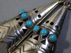 Fred Harvey Era NAVAJO Solid STERLING Silver 3-D 2 Long TIPI EARRINGS Bell Trad