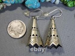 Fred Harvey Era NAVAJO Solid STERLING Silver 3-D 2 Long TIPI EARRINGS Bell Trad