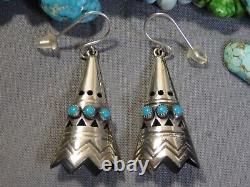 Fred Harvey Era NAVAJO Solid STERLING Silver 3-D 2 Long TIPI EARRINGS Bell Trad