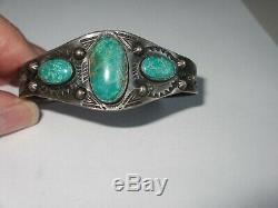 Fred Harvey Era Native American Silver & Turquoise Repousse Cuff