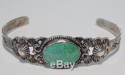 Fred Harvey Era Native American Sterling Silver Green Turquoise Cuff Bracelet