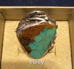 Fred Harvey Era Native American Sterling Silver & Royston Turquoise Ring Size 11