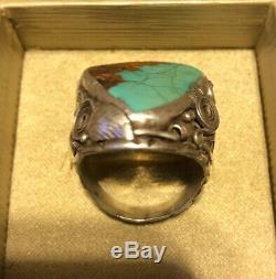 Fred Harvey Era Native American Sterling Silver & Royston Turquoise Ring Size 11