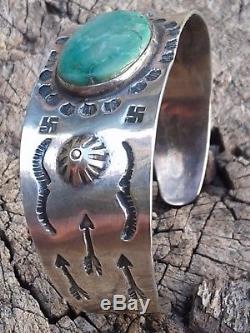 Fred Harvey Era Native American Whirling Log Sterling Silver & Turquoise Cuff