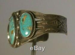 Fred Harvey Era Natural Turquoise Sterling Silver Cuff Bracelet Thunderbirds OLD