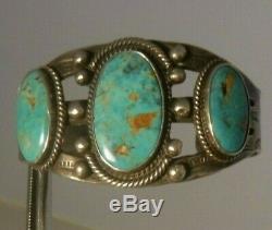 Fred Harvey Era Natural Turquoise Sterling Silver Cuff Bracelet Thunderbirds OLD