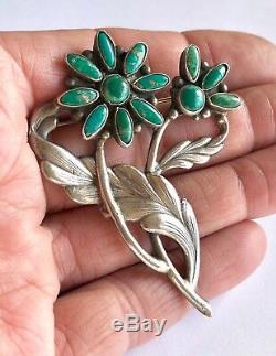 Fred Harvey Era Navajo Big Sterling Silver Green Cerrillos Turquoise Flower Pin