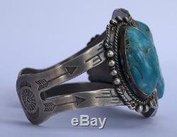 Fred Harvey Era Navajo Bisbee Turquoise Sterling Silver Stamped Cuff Bracelet
