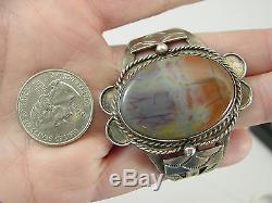 Fred Harvey Era Navajo Coin Silver Arizona Rainbow Petrified Wood Cuff Bracelet