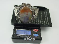 Fred Harvey Era Navajo Coin Silver Arizona Rainbow Petrified Wood Cuff Bracelet
