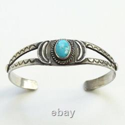 Fred Harvey Era Navajo Cuff Bracelet Turquoise Sterling Silver Stamp Decorated