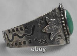 Fred Harvey Era Navajo Nevada Turquoise Coin Silver Lightning Snake Bracelet C1
