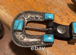 Fred Harvey Era Navajo Ranger Belt Buckle Set Keepers Tip Turquoise Silver Belt