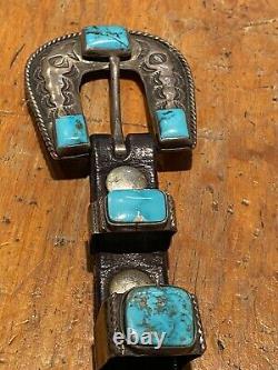 Fred Harvey Era Navajo Ranger Belt Buckle Set Keepers Tip Turquoise Silver Belt