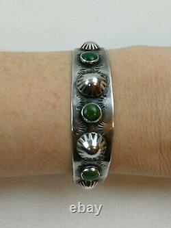 Fred Harvey Era Navajo Stamped Sterling Silver Turquoise Concho Cuff Bracelet