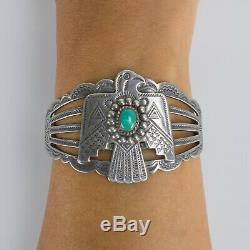 Fred Harvey Era Navajo Sterling Silver Arrow Turquoise Thunderbird Cuff Bracelet