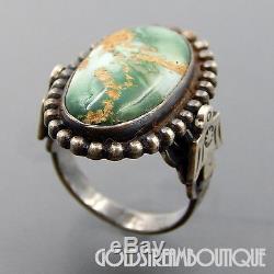 Fred Harvey Era Navajo Sterling Silver Green Agate Eagles Oval Beaded Ring, 5.5