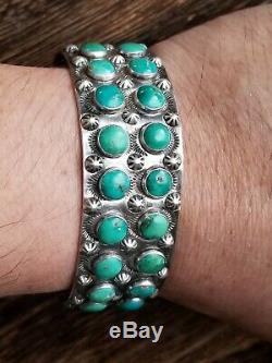 Fred Harvey Era Navajo Sterling Silver Turquoise Cluster Cuff Bracelet 47 Grams