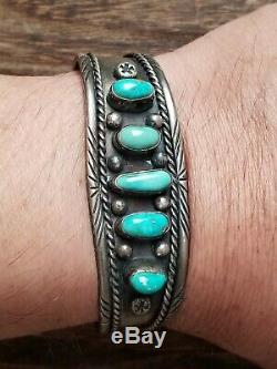 Fred Harvey Era Navajo Sterling Silver Turquoise Cuff Bracelet 29.9 Grams