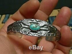 Fred Harvey Era Navajo Sterling Silver Turquoise Hand Made/Stamped Cuff Bracelet