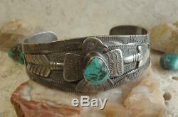 Fred Harvey Era Navajo Sterling Silver Turquoise Thunderbird Cuff Bracelet