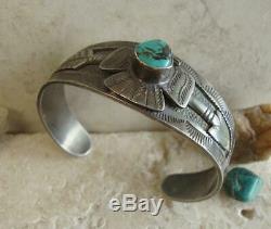 Fred Harvey Era Navajo Sterling Silver Turquoise Thunderbird Cuff Bracelet