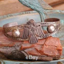 Fred Harvey Era Navajo Thunderbird Sterling Silver Stamped Cuff Bracelet