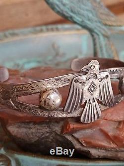 Fred Harvey Era Navajo Thunderbird Sterling Silver Stamped Cuff Bracelet