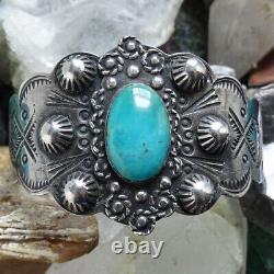 Fred Harvey Era Navajo Thunderbird Turquoise Cuff Bracelet Profusely Stamped 38g