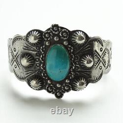 Fred Harvey Era Navajo Thunderbird Turquoise Cuff Bracelet Profusely Stamped 38g