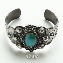 Fred Harvey Era Navajo Thunderbird Turquoise Cuff Bracelet Profusely Stamped 38g