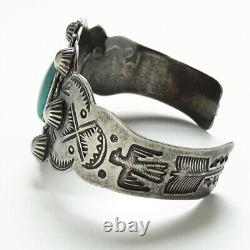 Fred Harvey Era Navajo Thunderbird Turquoise Cuff Bracelet Profusely Stamped 38g