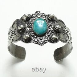 Fred Harvey Era Navajo Thunderbird Turquoise Cuff Bracelet Profusely Stamped 38g