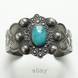 Fred Harvey Era Navajo Thunderbird Turquoise Cuff Bracelet Profusely Stamped 38g