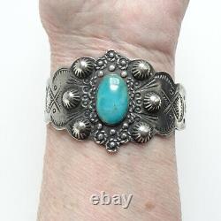 Fred Harvey Era Navajo Thunderbird Turquoise Cuff Bracelet Profusely Stamped 38g