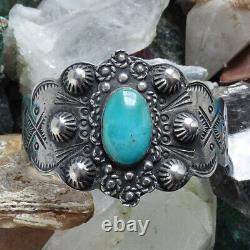 Fred Harvey Era Navajo Thunderbird Turquoise Cuff Bracelet Profusely Stamped 38g