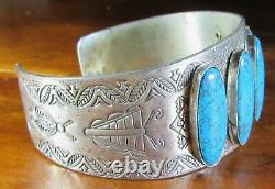 Fred Harvey Era Nickel Silver Turquoise Native American Navajo Cuff Bracelet