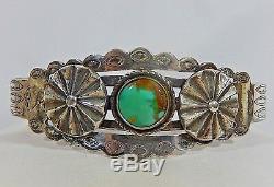 Fred Harvey Era Old Navajo Coin Silver Royston Turquoise & Concho Cuff Bracelet