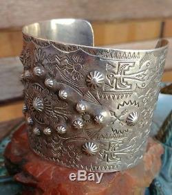 Fred Harvey Era Stamped Thunderbird Sterling Silver Extra Wide Cuff Bracelet70g