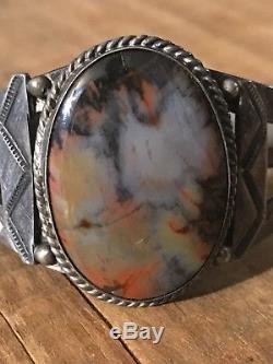 Fred Harvey Era Sterling Silver Navajo Cuff Bracelet with Petrified Wood Old Pawn