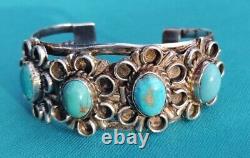 Fred Harvey Era Sterling Silver Turquoise 4 Setting Cuff Bracelet 37.8 Grams