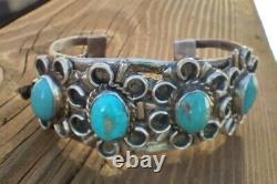 Fred Harvey Era Sterling Silver Turquoise 4 Setting Cuff Bracelet 37.8 Grams