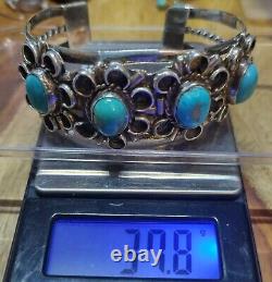 Fred Harvey Era Sterling Silver Turquoise 4 Setting Cuff Bracelet 37.8 Grams