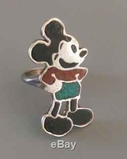 Fred Harvey Era Sterling Silver Turquoise Coral Inlay Mickey Mouse Ring